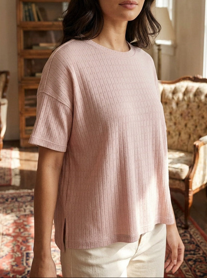 SUNEDGE Women’s Pointelle Ribbed Knit Tee Relaxed Fit Drop Shoulder Short Sleeve Top 60%CT 40%PES