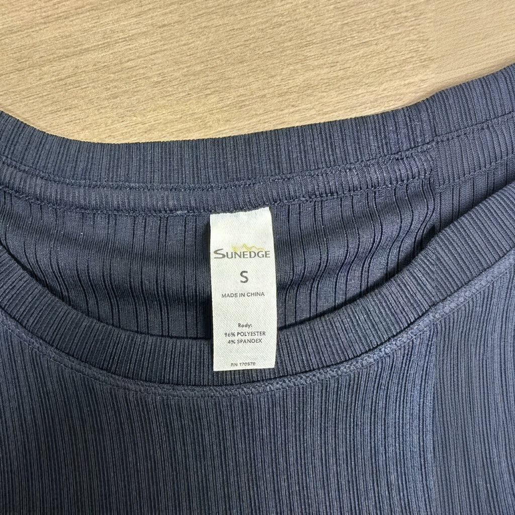 SUNEDGE Women’s Ribbed Short Sleeve Tee Slim Fit Crewneck Top with Bodice Seaming Detail 96/4 Navy