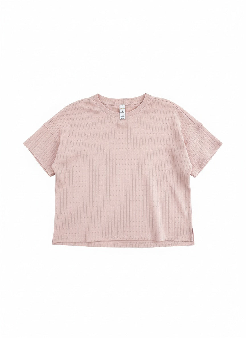 SUNEDGE Women’s Pointelle Ribbed Knit Tee Relaxed Fit Drop Shoulder Short Sleeve Top 60%CT 40%PES