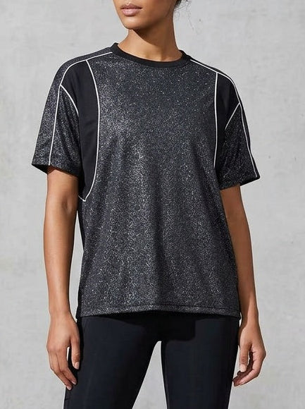 SUNEDGE Womens Shimmer Metallic Tee Sporty Contrast Piping with Mesh Side Panels 62/34/4