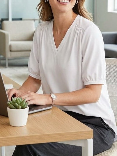 SUNEDGE Womens Summer Short Sleeve Shirts V-neck Loose Fit Business Casual Tops 88/12 White