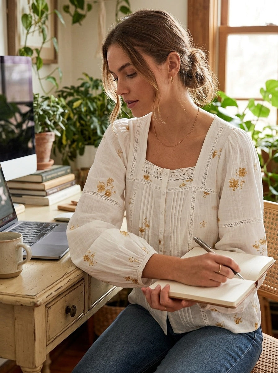 SUNEDGE Womens Square Neck Floral Blouse Boho Lantern Sleeve Pintuck Top