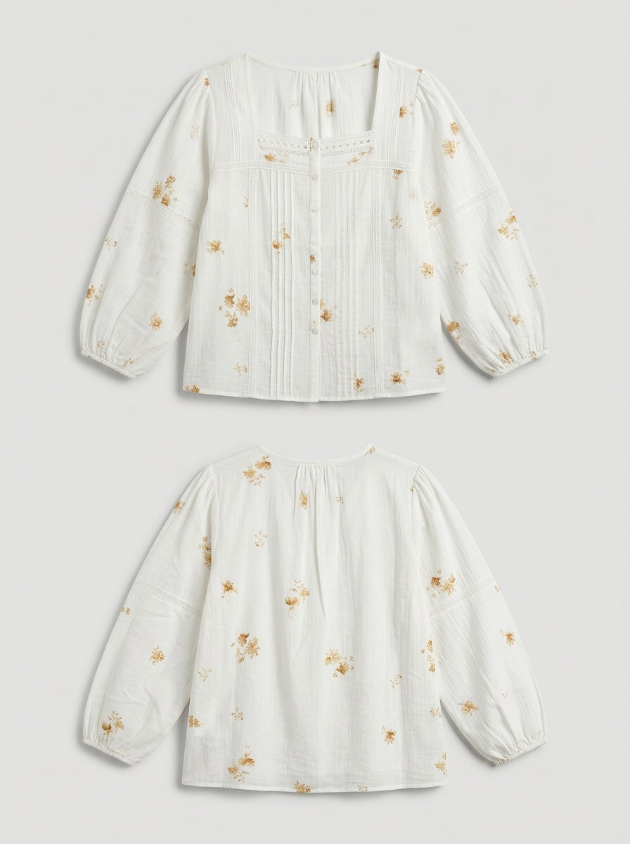 SUNEDGE Womens Square Neck Floral Blouse Boho Lantern Sleeve Pintuck Top