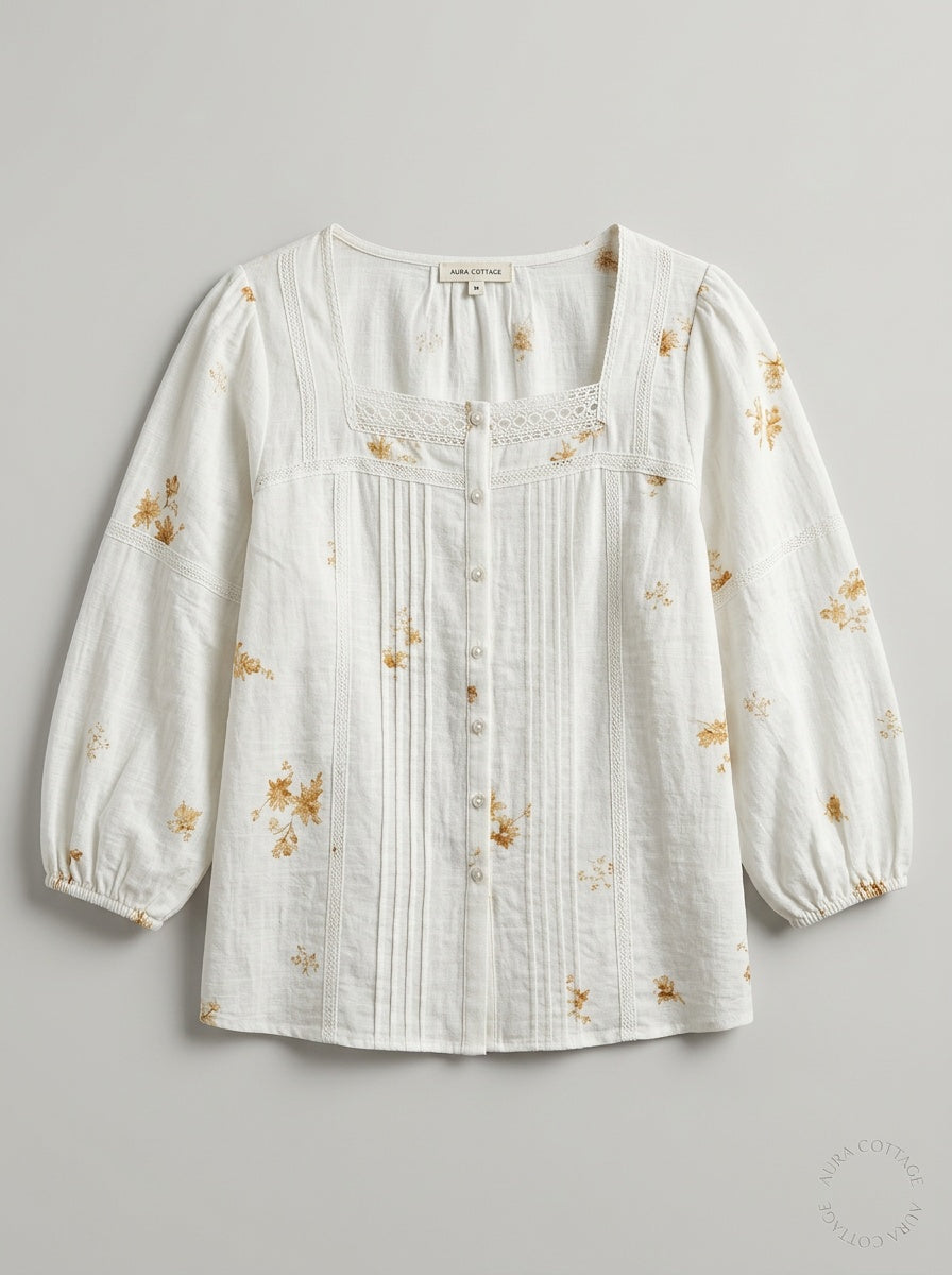 SUNEDGE Womens Square Neck Floral Blouse Boho Lantern Sleeve Pintuck Top