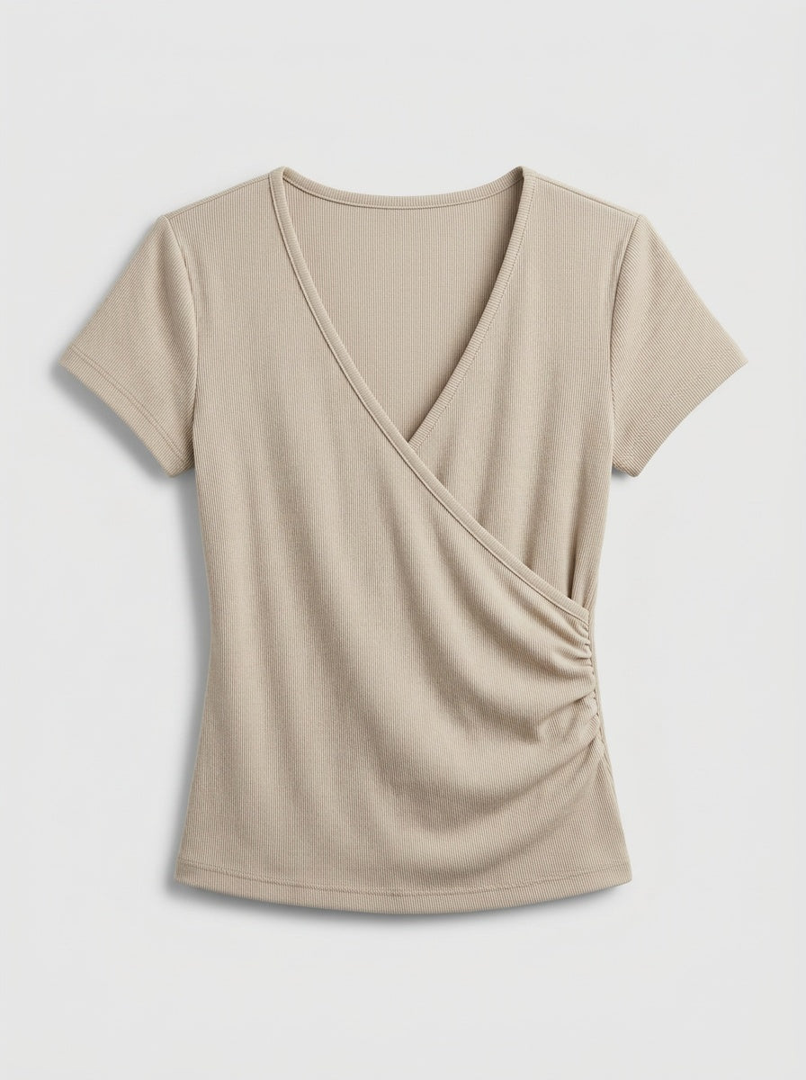 SUNEDGE Womens Double V-Neck Ribbed T-Shirt Slim Fit Cross-Front Casual Blouse