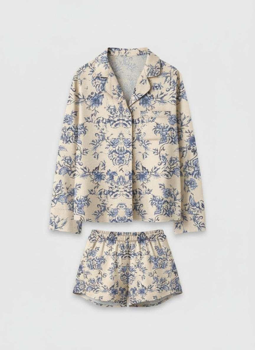 SUNEDGE Women’s Vintage Blue Floral Pajama Set Botanical Print Button-Down Shirt and Shorts