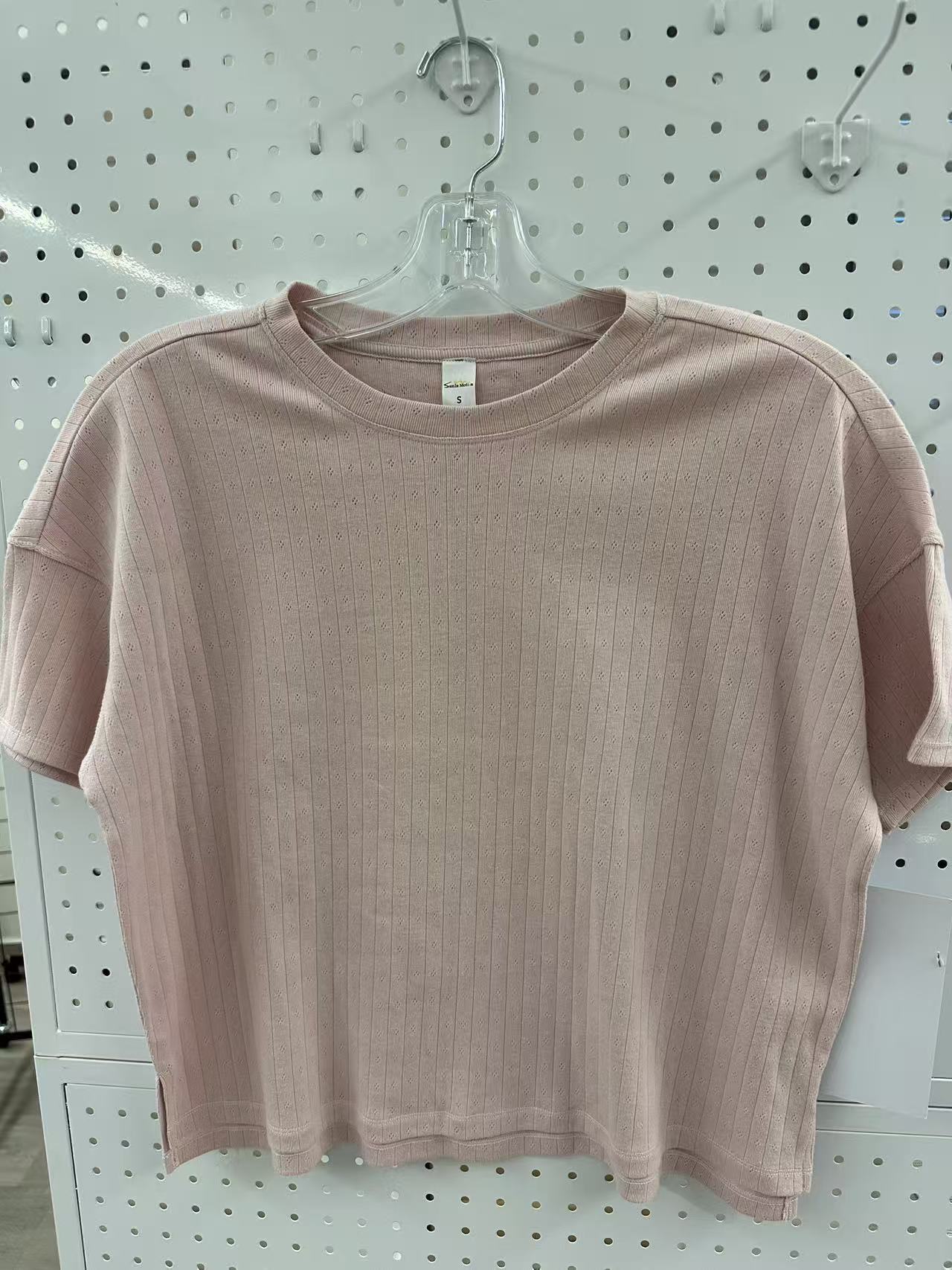 SUNEDGE Women’s Pointelle Ribbed Knit Tee Relaxed Fit Drop Shoulder Short Sleeve Top 60%CT 40%PES