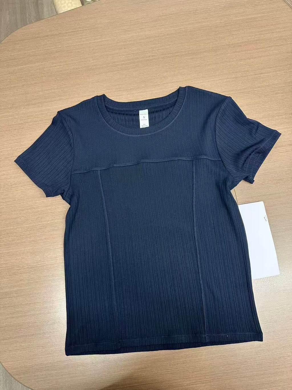 SUNEDGE Women’s Ribbed Short Sleeve Tee Slim Fit Crewneck Top with Bodice Seaming Detail 96/4 Navy