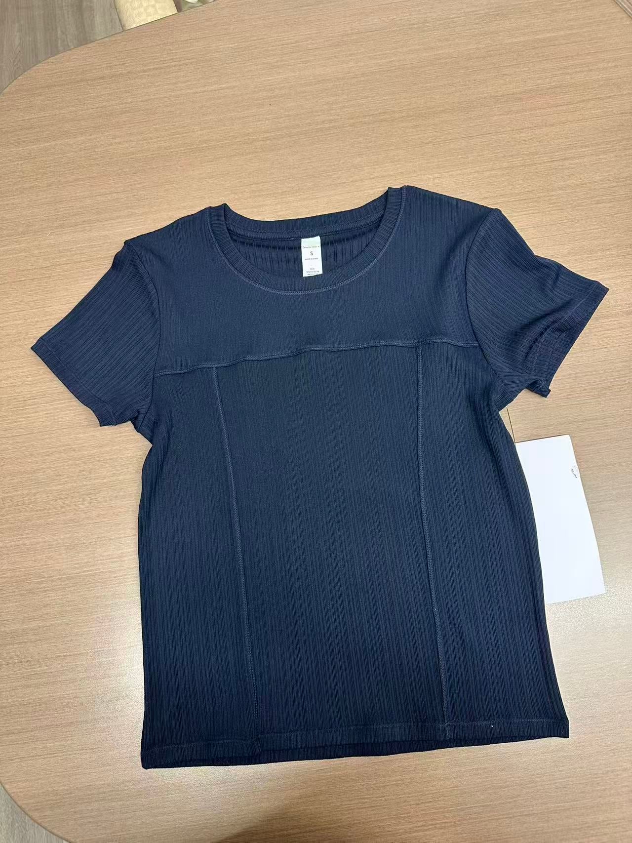 SUNEDGE Women’s Ribbed Short Sleeve Tee Slim Fit Crewneck Top with Bodice Seaming Detail 96/4 Navy