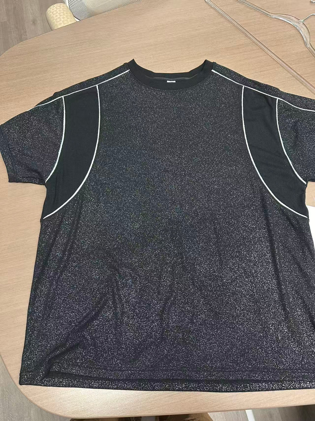 SUNEDGE Womens Shimmer Metallic Tee Sporty Contrast Piping with Mesh Side Panels 62/34/4