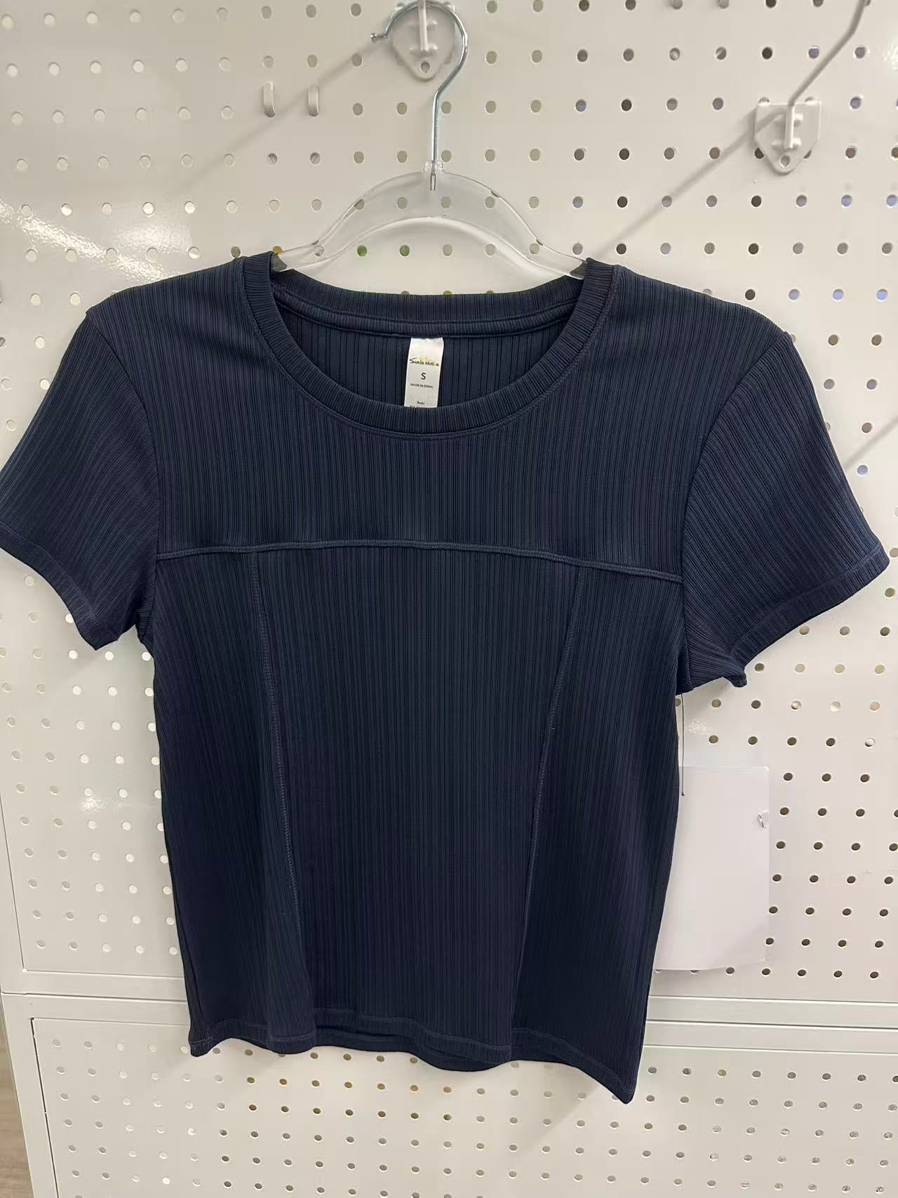 SUNEDGE Women’s Ribbed Short Sleeve Tee Slim Fit Crewneck Top with Bodice Seaming Detail 96/4 Navy