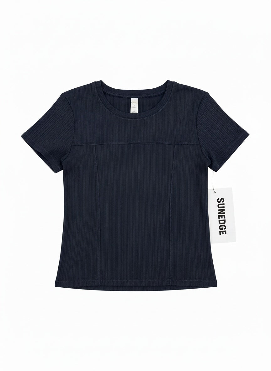 SUNEDGE Women’s Ribbed Short Sleeve Tee Slim Fit Crewneck Top with Bodice Seaming Detail 96/4 Navy