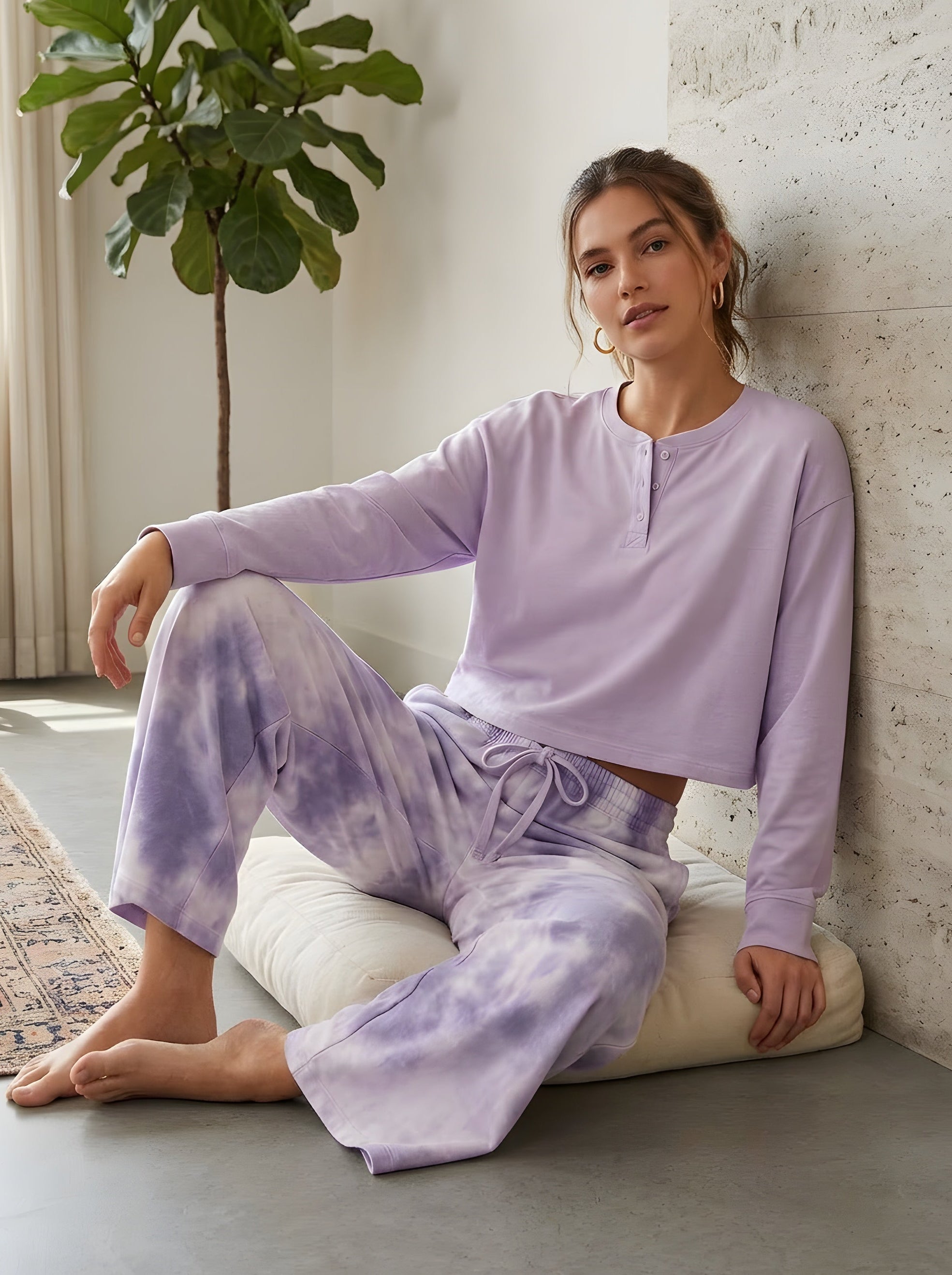 SUNEDGE Womens Lavender Lounge Set Soft Purple Wide-Leg Tie-Dye Pajamas
