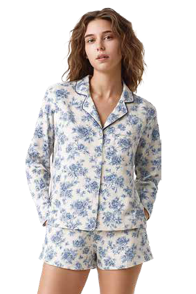 SUNEDGE Women’s Vintage Blue Floral Pajama Set Botanical Print Button-Down Shirt and Shorts